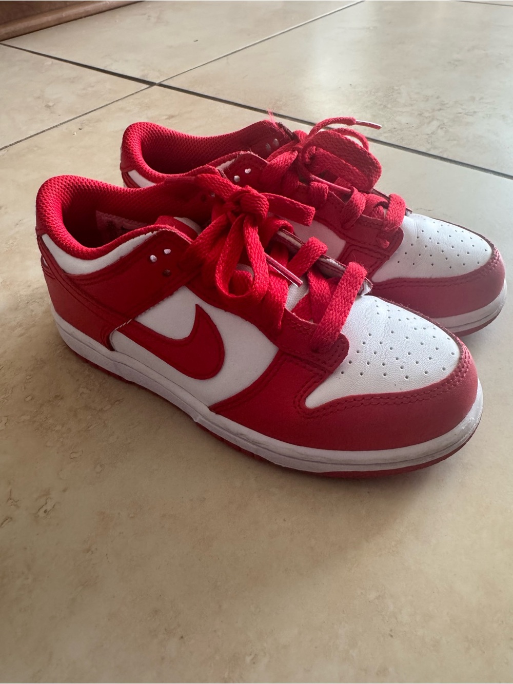 Nike Kids Red and White Dunk Low Sneakers 13C